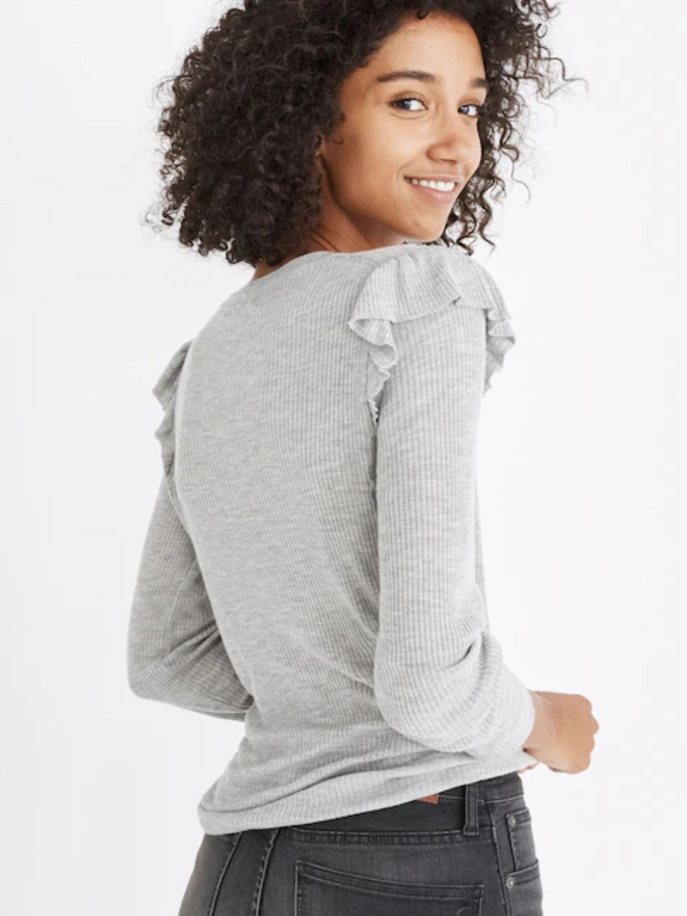 Lucky Brand Women’s Lightweight Ruffle Shoulder Long-Sleeve Top, Gray